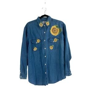 Vintage Denim Sunflower Appliqué Button Up Shirt Western Boho Country Women Med